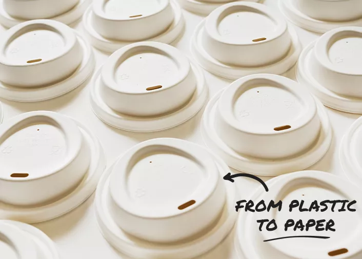 Tray of fibre based takeaway coffee cup lids
